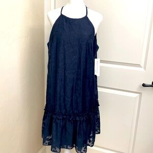 NWT Maggy London Mini Halter dress Women’s 12  Navy ruffles Ballet Core Sheer